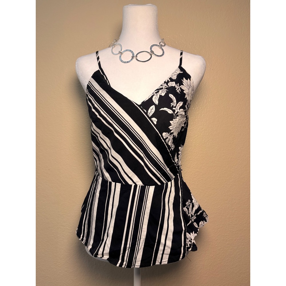 Y2K Mixed Print Floral Stripe Peplum Camisole Top Black White Smocked Back #9